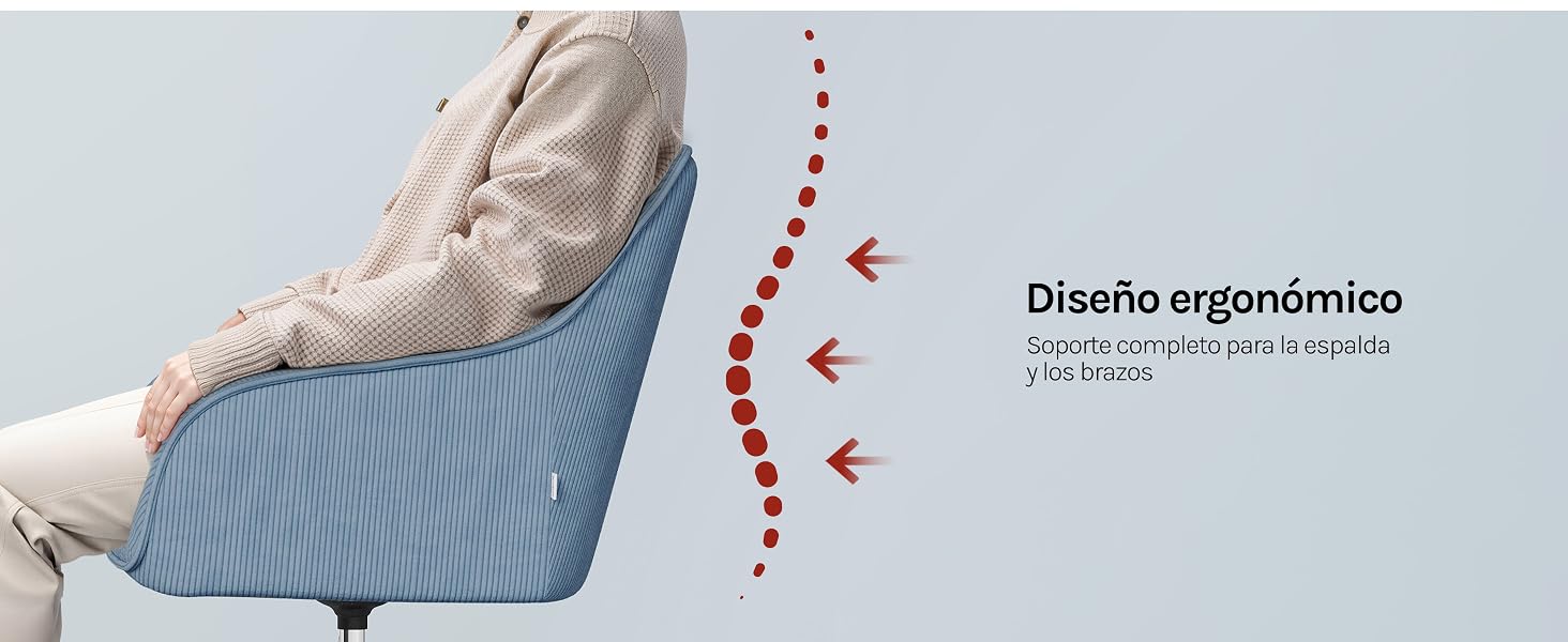 El texto dice «Diseño ergonómico». La pierna de la persona descansa sobre un cojín/silla azul con líneas punteadas rojas que indican los puntos de apoyo ergonómicos y las zonas de confort.
