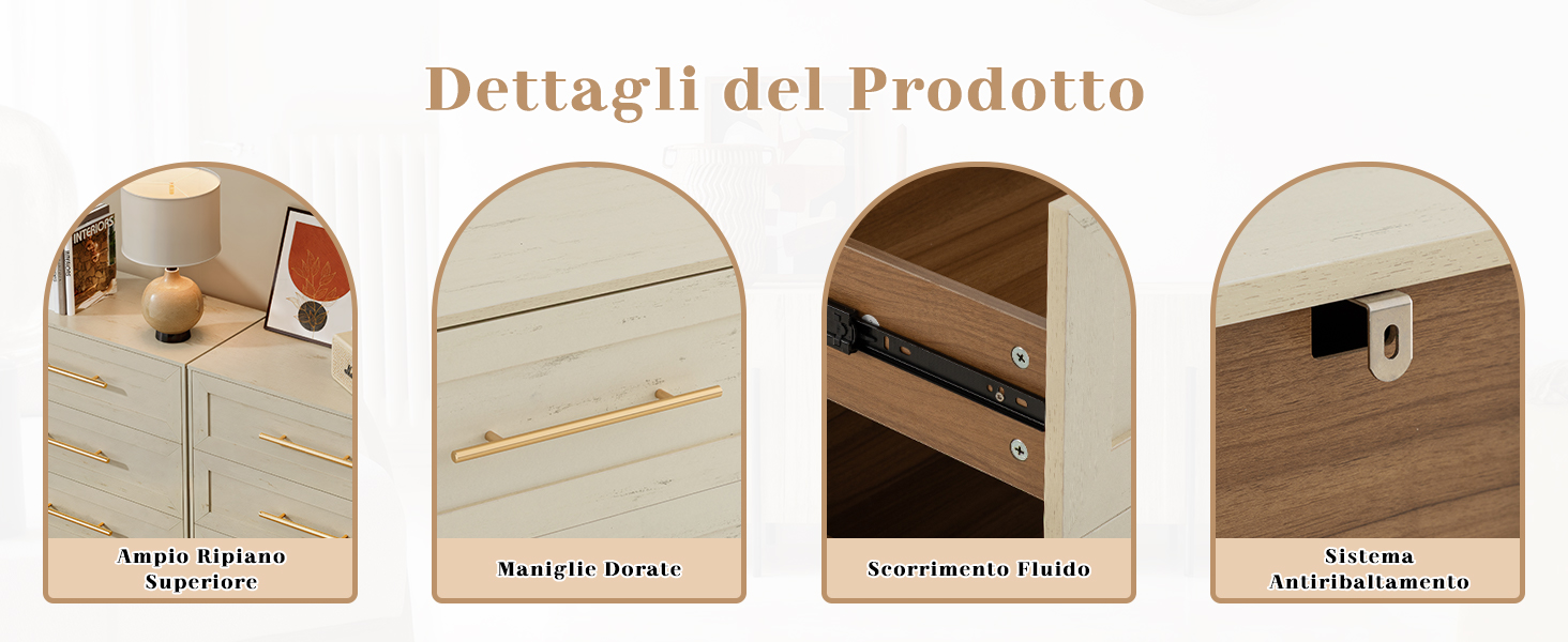 Il testo recita 'Dettagli del Prodotto'. Serie di immagini delle specifiche del prodotto che mostrano varie angolazioni e misure di quelli che sembrano essere mobili.
