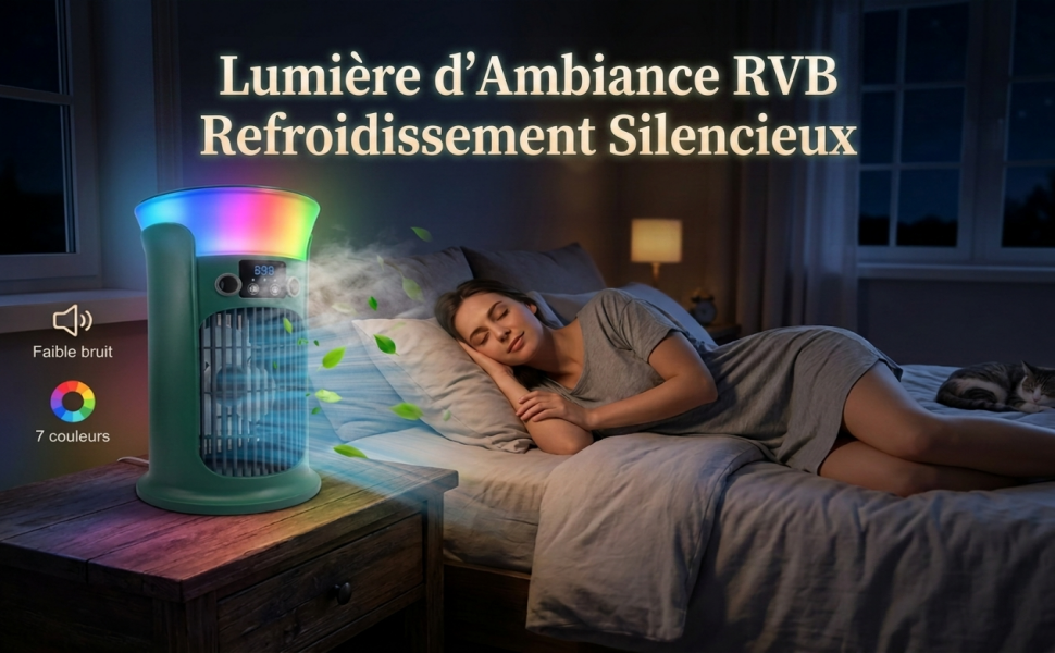 Le texte se lit comme suit : « Lumière d'Ambiance RVB Refroidissement Silencieux ». Lumière ambiante RGB avec fonction de refroidissement silencieux affichée au-dessus du lit avec la personne qui dort, avec des panneaux d'éclairage LED colorés sur une table de chevet blanche.