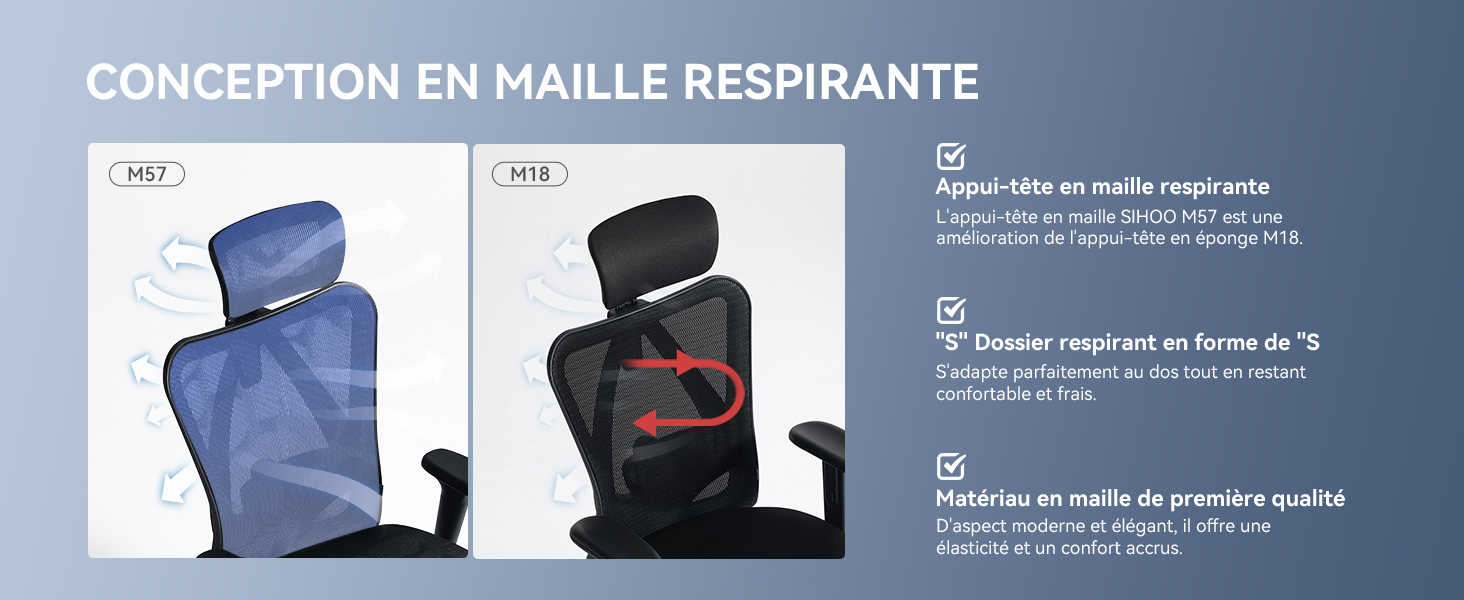 montrant des options de dossier en maille bleue et noire avec des caractéristiques ergonomiques.