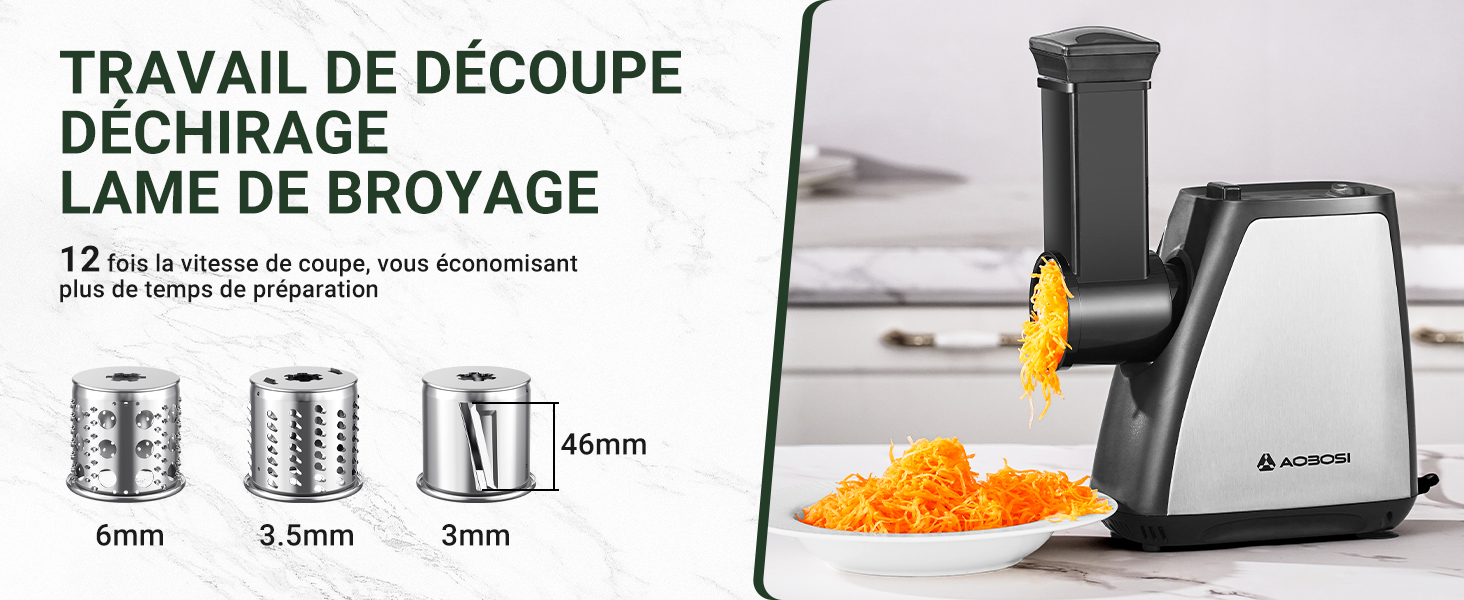 avec plusieurs lames pour couper, déchiqueter et moudre. Montre 3 types de lames : 6 mm, 3,5 mm et râpe