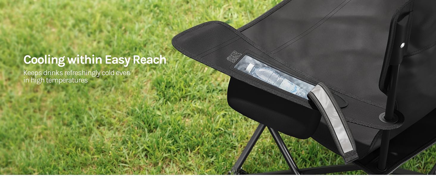 Text reads 'Cooling within Easy Reach' and 'Portable Cooler'. Black portable cooler with white trim mounted on grass with handle visible.