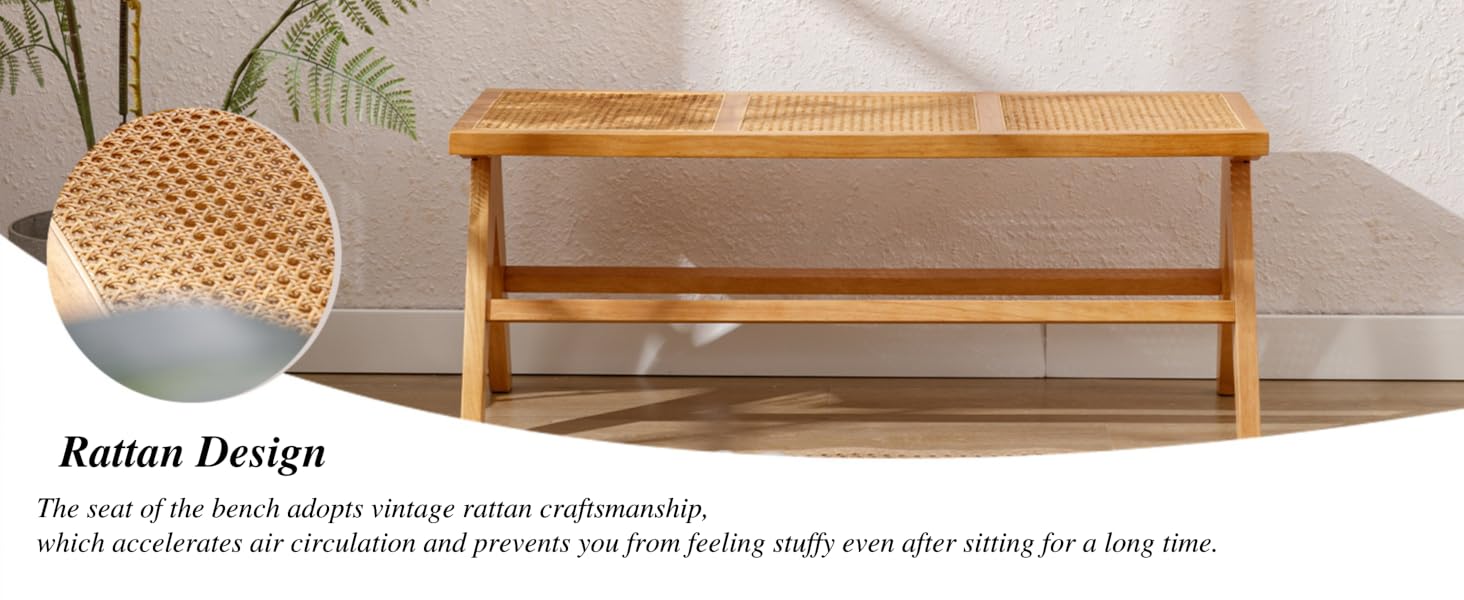 Wooden bench with rattan woven seat and backrest. Features a lower shelf and angled legs. Close-up shows intricate rattan pattern detail.