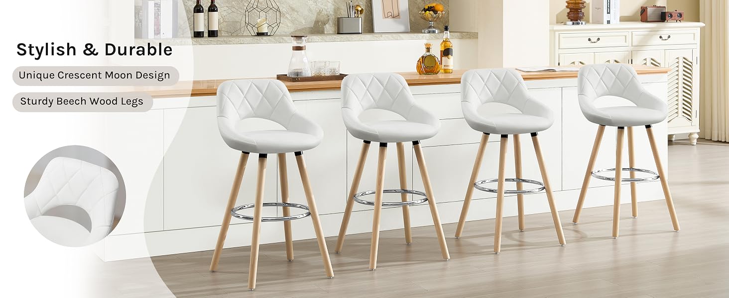 Row of four modern white bar stools with curved bucket seats and wooden legs. Features quilted upholstery pattern and ergonomic design for kitchen counter or bar seating.