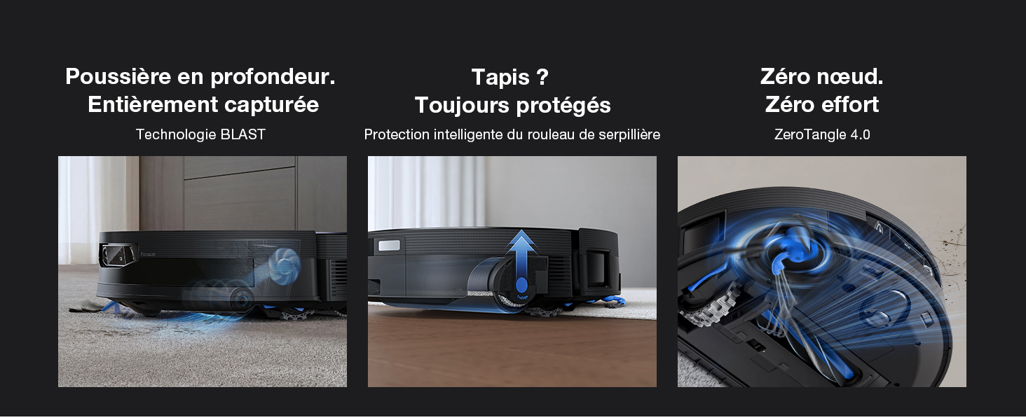 Le texte indique « Piacevole se proibiten ». « C'est facile ? » « Taquette antique » « Zéro risé » « Zéro effet ». Trois photographies de produits montrant des écouteurs noirs avec des détails de câble et un emballage bleus.