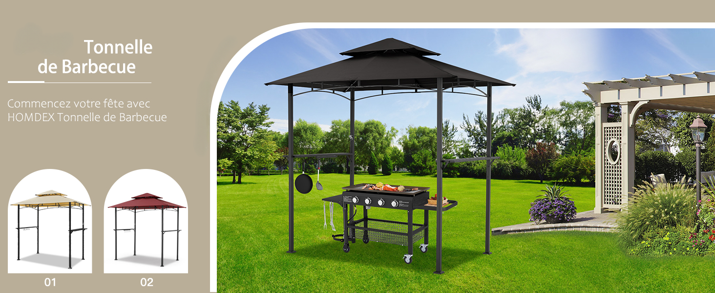 avec barbecue avec cadre en métal et auvent foncé. Les caractéristiques comprennent une étagère à griller, des crochets pour les ustensiles et des roulettes pour faciliter la mobilité. Montré dans un jardin avec des options de couleur.