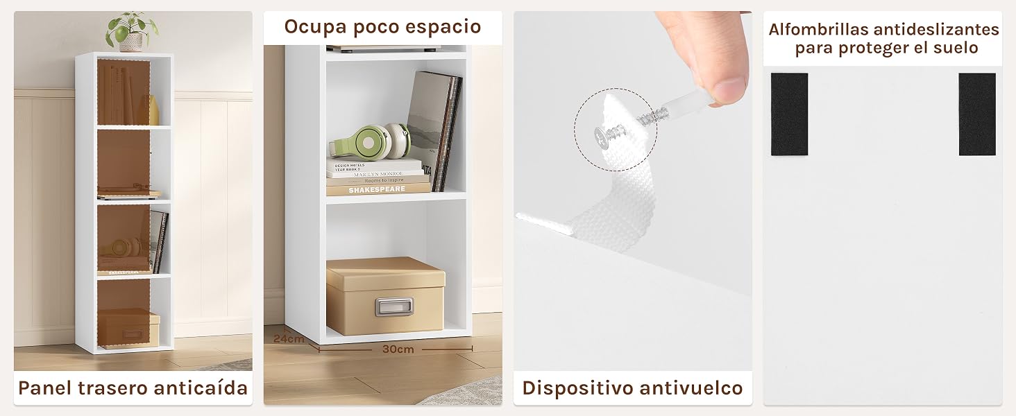 Imagen compuesta que muestra una estantería blanca con detalles en madera, funciones que ahorran espacio, un panel de seguridad antivuelco, un dispositivo antirrobo y almohadillas que protegen el suelo. El producto destaca varias características prácticas