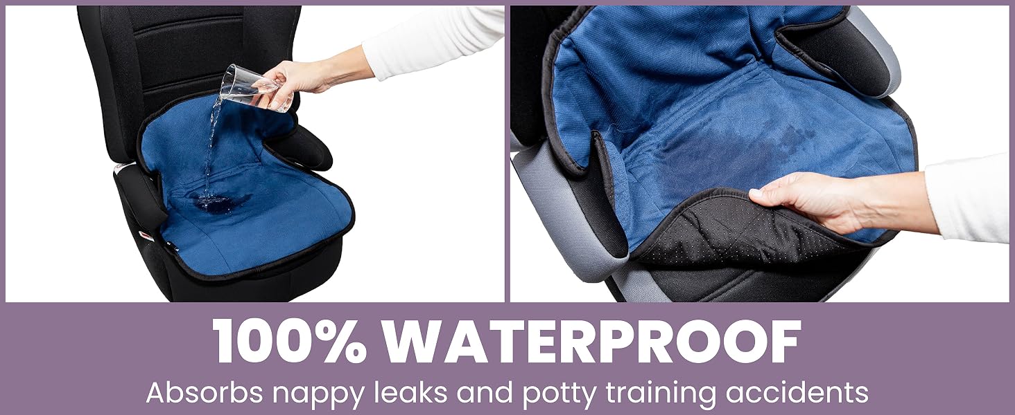 Waterproof car seat protector pad in blue, demonstrated absorbing liquid. Features 100% waterproof protection for nappy leaks.