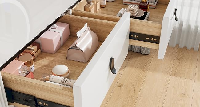 Pull-out bathroom vanity drawer with wooden organizer compartments, displaying neatly arranged cosmetics and personal care items.