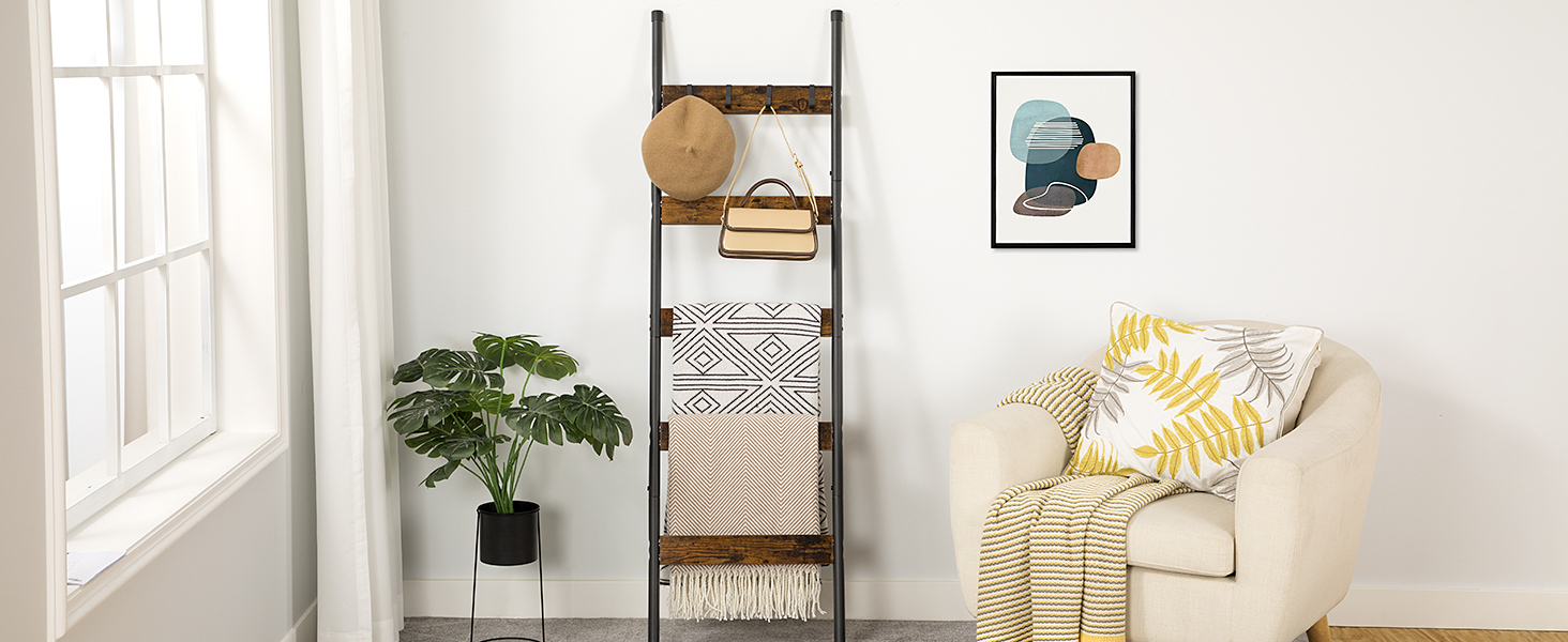 Blanket Ladder, Towel Rack with Hooks, Towel Ladder, 5-Tier Wall
