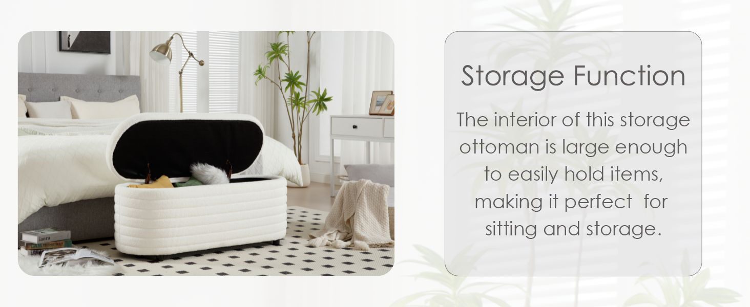 Black oval storage ottoman in bedroom setting. Open lid reveals interior storage space. Text panel describes its function for sitting and storing items.
