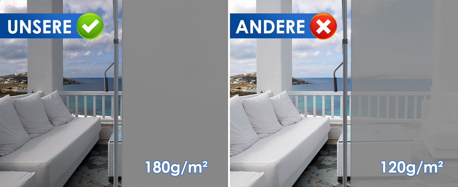 Vergleich der Kissendichten im Freien. Das linke Bild zeigt eine Dichte von 180 g/m² mit der Aufschrift „Unsere“, das rechte Bild zeigt 120 g/m² mit der Aufschrift „Andere“. Balkonlage an der Küste.