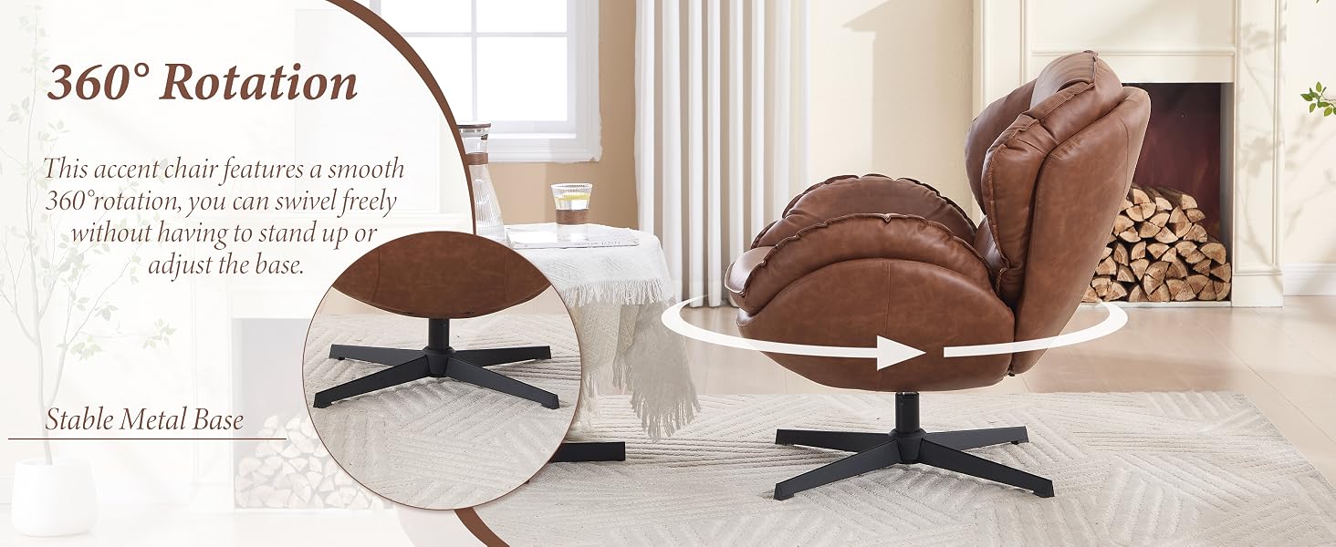 Text reads '360° Rotation' and 'Double More Power'. Brown reclining chair shown from multiple angles demonstrating full rotation capability in comfortable living room setting.