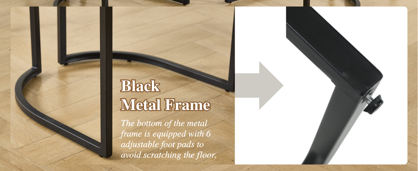Text reads 'Metal Frame.' Technical product photo showing close-up details of black metal frame components and mounting mechanisms.