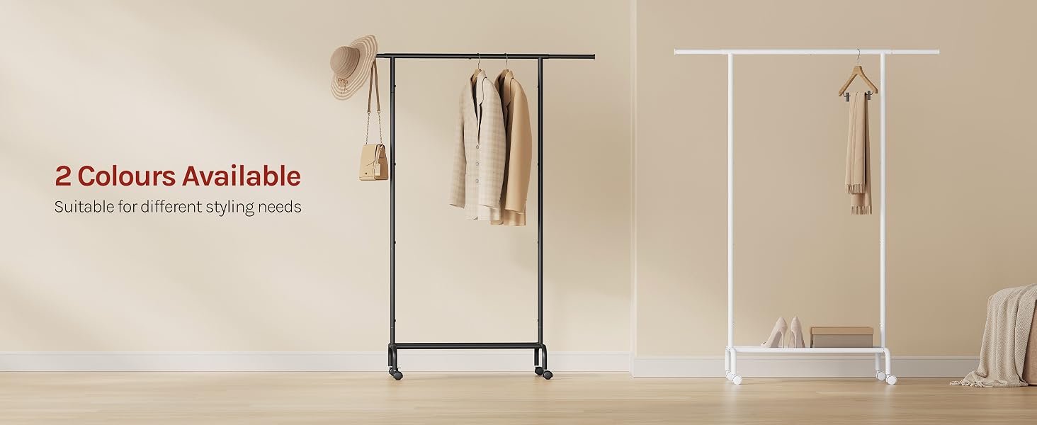 Text reads '2 Colours Available' with 'Matt Black' and 'Matt Cream' specifications. Minimalist clothing rack with metal frame in two color variants shown: black frame with light interior and cream frame, demonstrating compact garment storage design.