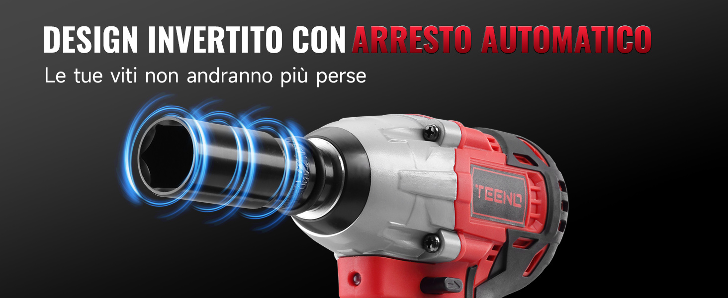 Il testo recita «DESIGN INVERTITO CON ARRESTO AUTOMATICO». Utensile elettrico professionale con componenti blu e rossi.