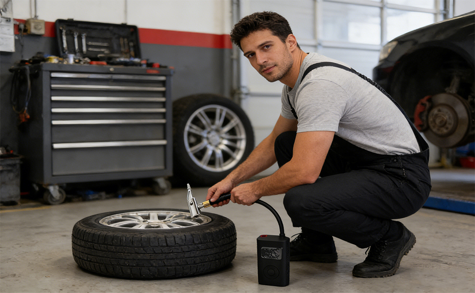 Série d'images montrant le cadre d'un atelier de réparation automobile avec un mécanicien inspectant et travaillant sur les pneus et les roues de voiture dans un environnement de garage professionnel.