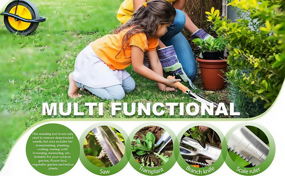 Multifunctional gardening tool with circular saw, branch cutter, and leaf pruner attachments. Person using tool to trim plants in outdoor setting.