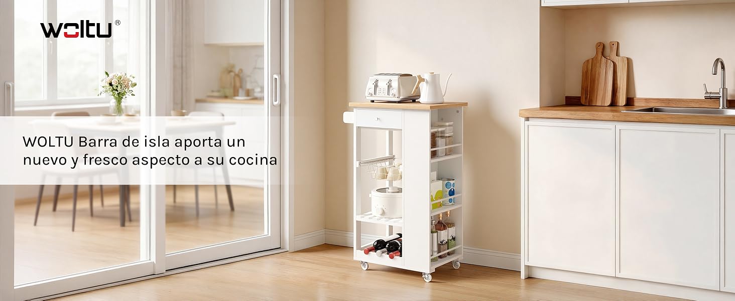 El texto dice el logotipo de la marca «WoLu» y «WO.LU lleva de sus puertas un nuevo y fresco mueble a tu cocina» (texto en español). Las fotos de los productos de diseño de interiores muestran un carro utilitario blanco con ruedas y estantes en cocinas modernas, con compartimentos y ruedas de movilidad.