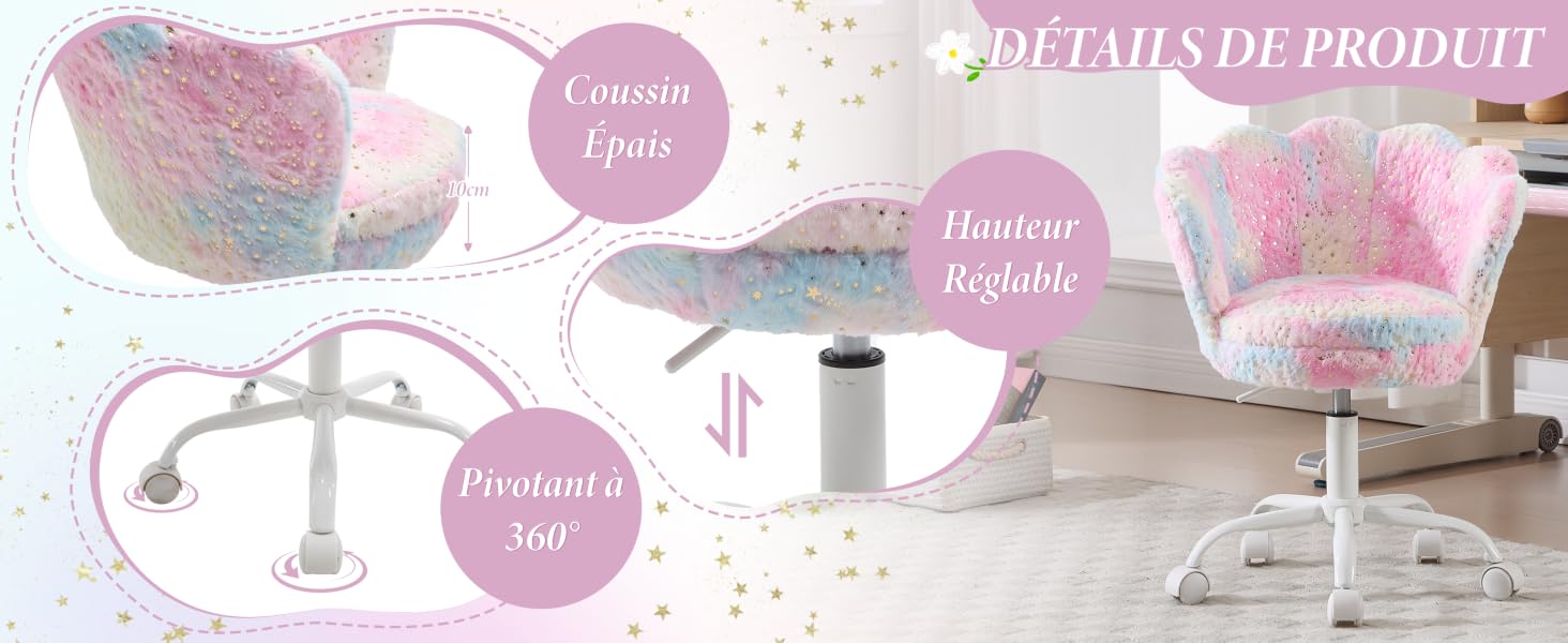 Le texte indique « DÉTAILS DU PRODUIT ». Chaise de bureau pivotante rose et blanche avec revêtement en peluche et base métallique. Plusieurs vues montrant des fonctions de hauteur et de rotation réglables.