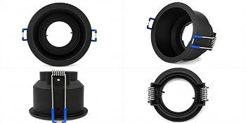 Vier schwarze kreisförmige Einbauleuchten mit blauen Akzentbalken, die aus verschiedenen Blickwinkeln dargestellt sind — Draufsicht, Unterseite und Seitenansicht mit Installations- und Designdetails.