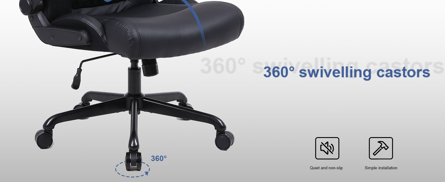 Office chair base showing 360-degree swiveling casters with black finish and adjustable height mechanism.