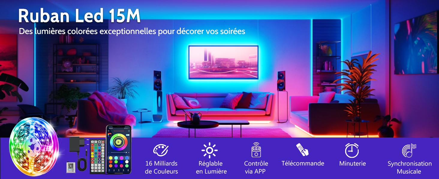 Le texte indique « Ruban Led 15M ». Produit d'éclairage à bande LED RGB présenté dans une configuration de salle de jeu éclatante éclairée au néon avec un éclairage d'ambiance violet et rose sur le mur derrière le moniteur et les meubles.