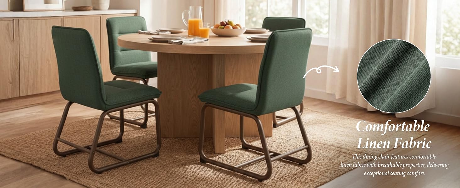Text reads 'Comfortable' and 'Fabric'. Multiple views of modern green upholstered dining chairs with black metal cantilever bases in a home setting.