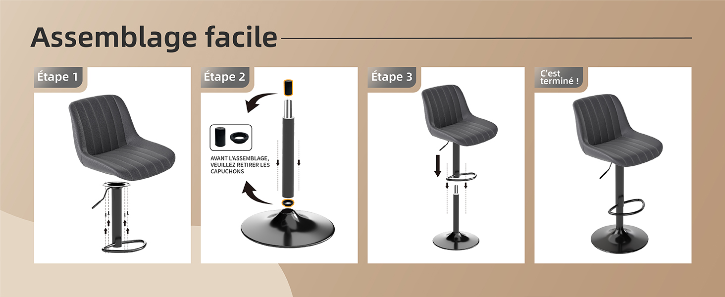 Le texte indique « Assemblage facile ». Plusieurs vues de tabourets de bar réglables, identiques à la Figure 1, illustrant les options d'assemblage et de réglage de la hauteur.