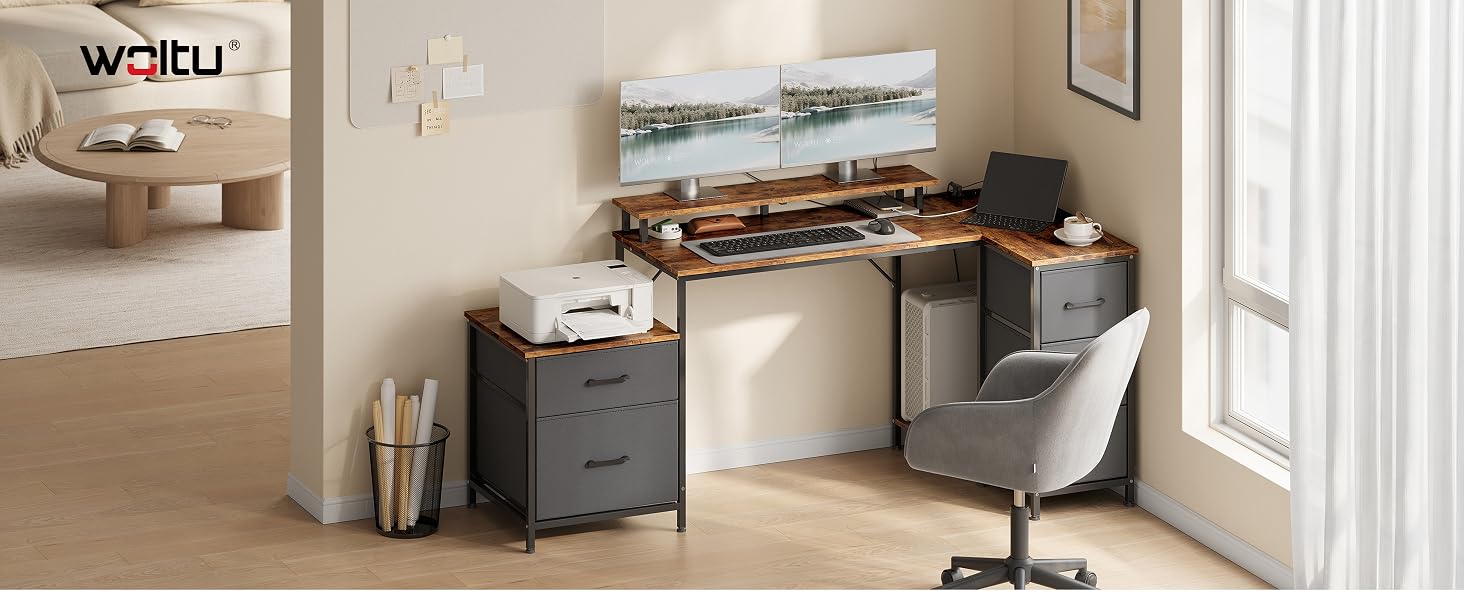 Le texte indique « WORKU ». Configuration de bureau à domicile moderne comprenant un bureau, une chaise et des étagères murales dans une pièce minimaliste avec éclairage naturel.