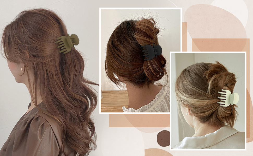 Four images of hair clips being used to style different hairstyles, including half-up and bun styles. Clips appear to be matte green plastic.