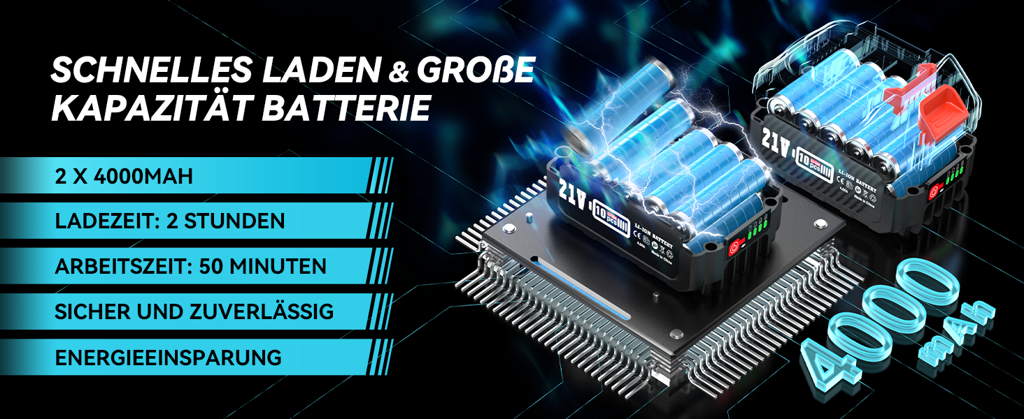Technisches Diagramm mit den Akku-Spezifikationen auf Deutsch mit einer Kapazität von 4000 mAh, einer Ladezeit von 2 Stunden und einer Arbeitszeit von 90 Minuten mit blau beleuchteten