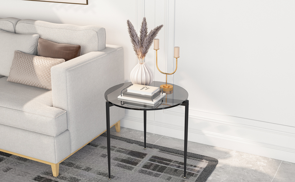 Artloge Petite Table Appoint Salon Bout Canapé Ronde Noir Verre Trempé Table Chevet Cadre Métal