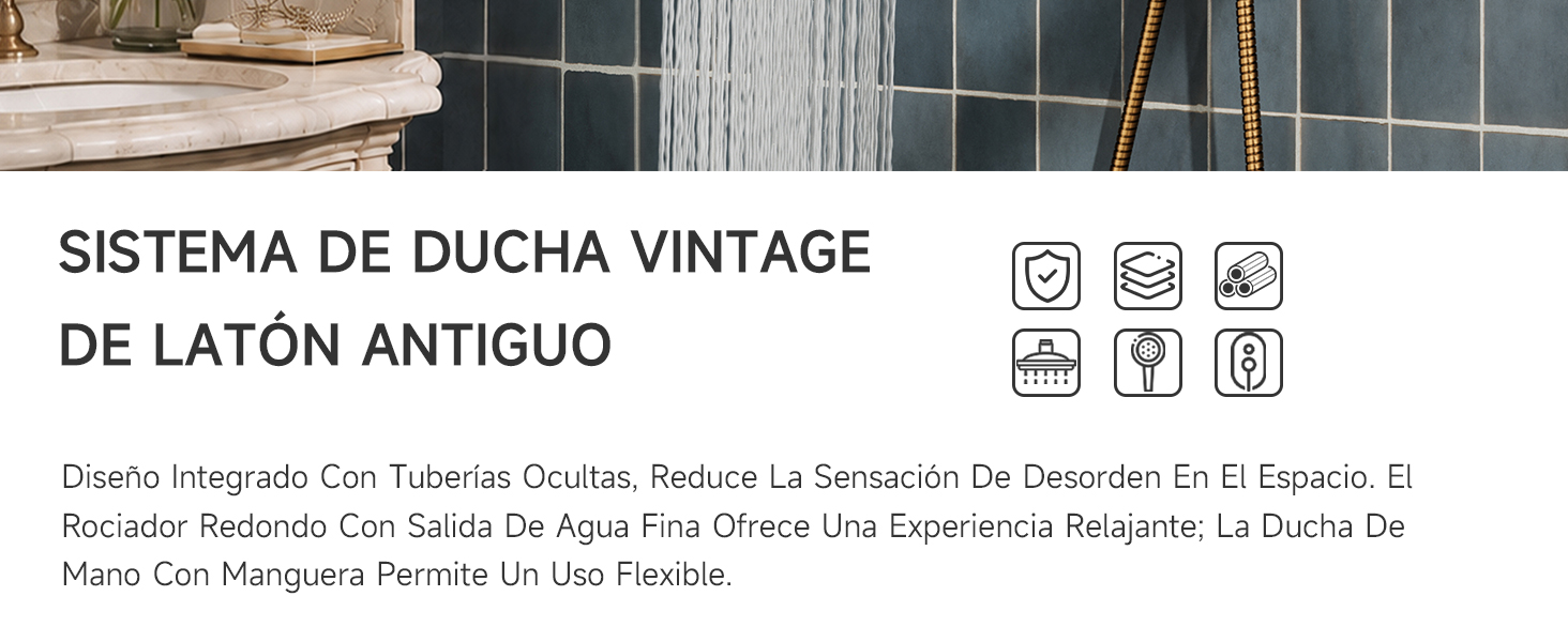 El texto dice «SISTEMA DE DUCHA VINTAGE DE LATÓN ANTIGUO» con el subtítulo de la descripción del diseño. Sistema de ducha de estilo vintage con acabado en latón envejecido con varios cabezales de ducha, perillas de control y accesorios de pared que se muestran en la configuración del baño con azulejos.