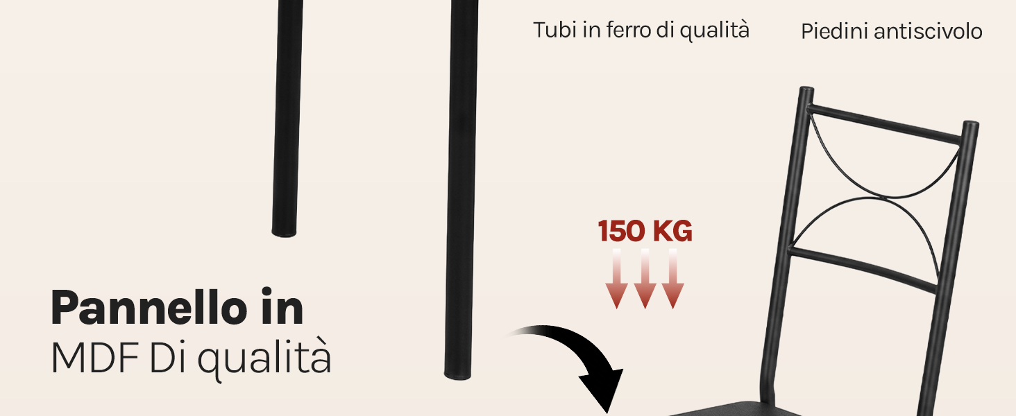 Il testo recita «Pannello in MDF di qualità», «Tubi in ferro di qualità», «Piedini antiscivolo» e «150 KG». Immagine del prodotto che mostra i componenti del pannello con struttura in metallo nero con specifiche per pannello in MDF, tubi in ferro, piedini antiscivolo e capacità di carico di 150 kg.