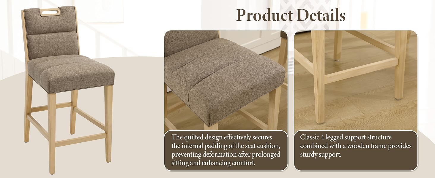 Text reads 'Product Details'. Multiple views of upholstered dining chairs with wooden frames, showing different angles and details.