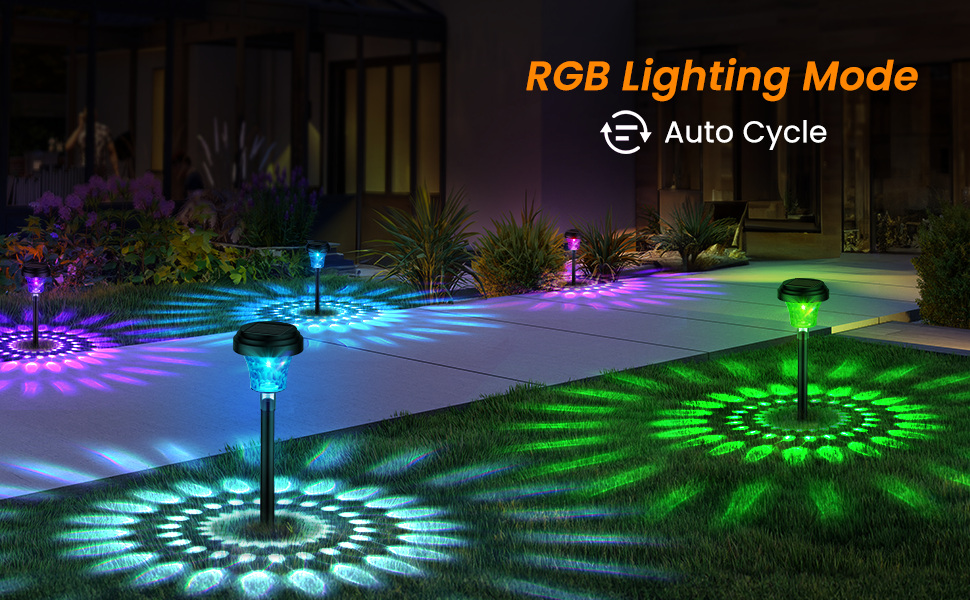 Outdoor pathway illuminated by RGB solar lights. Multiple lights project colorful patterns on the ground. Text overlay: 'RGB Lighting Mode' and 'Auto Cycle'.