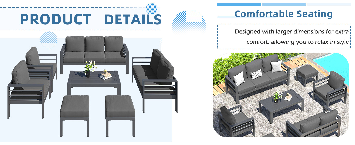 Text reads 'PRODUCT DETAILS', 'Comfortable Seating'. Collection of outdoor furniture images showing gray modular seating arrangements with cushions.