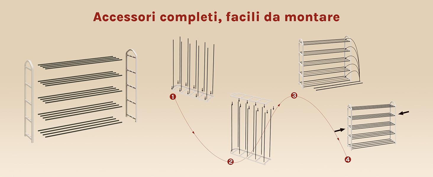 Diagramma che mostra i vari componenti del rack in metallo.