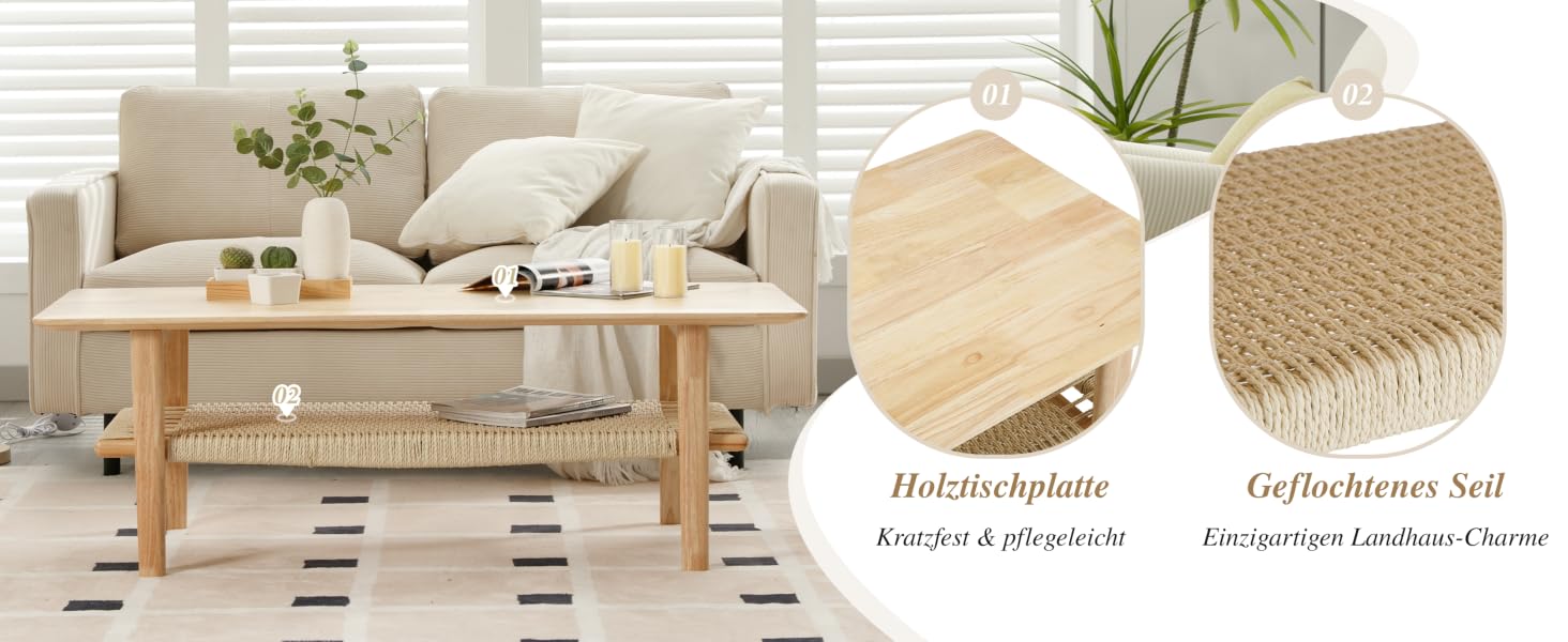 Wohnzimmermöbelset mit beigefarbenem Polstersofa und Couchtisch aus Holz. Auf den Seitenwänden sind Details der Möbelmaterialien und der Konstruktion aus nächster Nähe zu sehen.