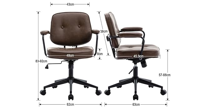en cuir marron avec accoudoirs et roulettes. Vues de face et de côté illustrées avec les dimensions. Hauteur réglable, dossier capitonné et base pivotante visibles