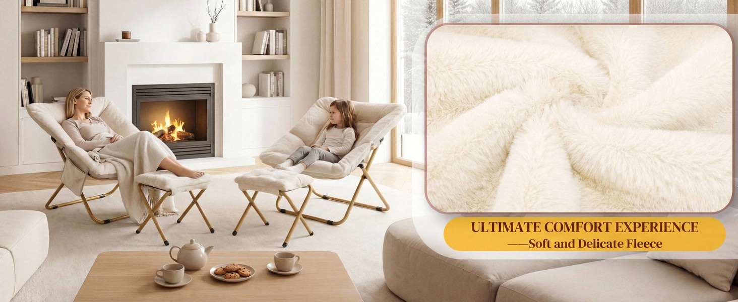 Text reads 'ULTIMATE COMFORT EXPERIENCE'. Interior room scene with person in chair near fireplace and close-up of cream-colored fabric texture, showcasing comfort textile product.