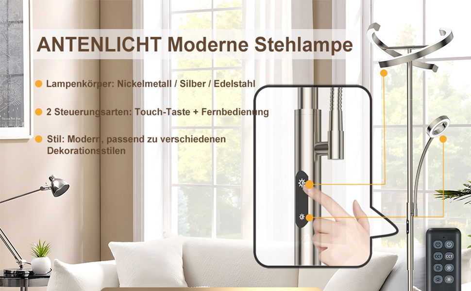 Modern LED floor lamp with multiple adjustable arms and light heads. Features touch control and color temperature adjustment, suitable for living room lighting.