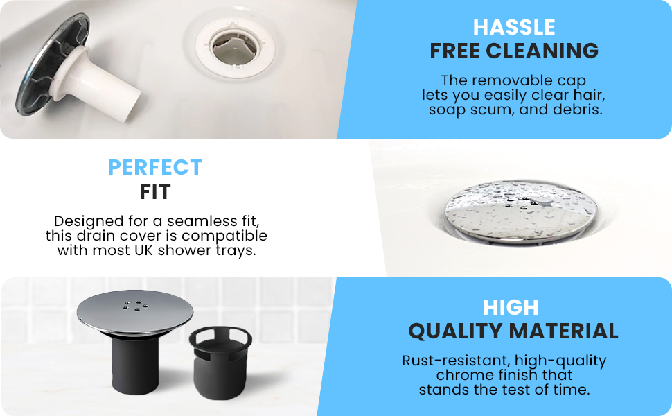 Shower drain cover with removable cap for easy cleaning. Features seamless fit for UK shower trays and rust-resistant chrome finish. Multiple views show installation and cleaning benefits.