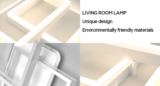 Moderne geometrische Lampe mit sich kreuzenden weißen Quadraten. Text beschreibt sie als „WOHNZIMMERLAMPE“ mit „einzigartigem Design“ und „umweltfreundlichen Materialien