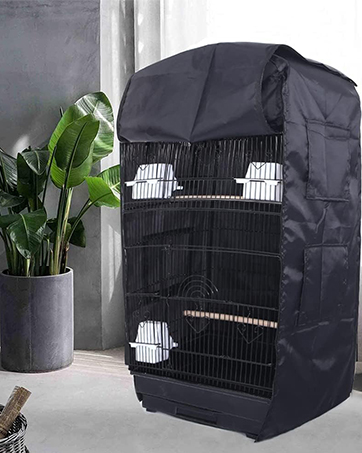 Black bird cage cover with mesh ventilation panels and full-length zipper, designed to fit over standard bird cages.