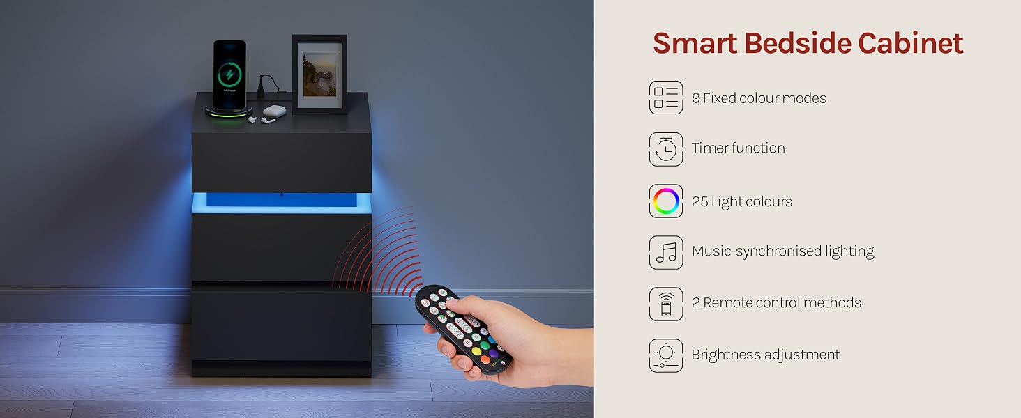 Text reads 'Smart Bedside Cabinet'. Series of images showing black bedside cabinet with blue LED lighting and remote control functionality.
