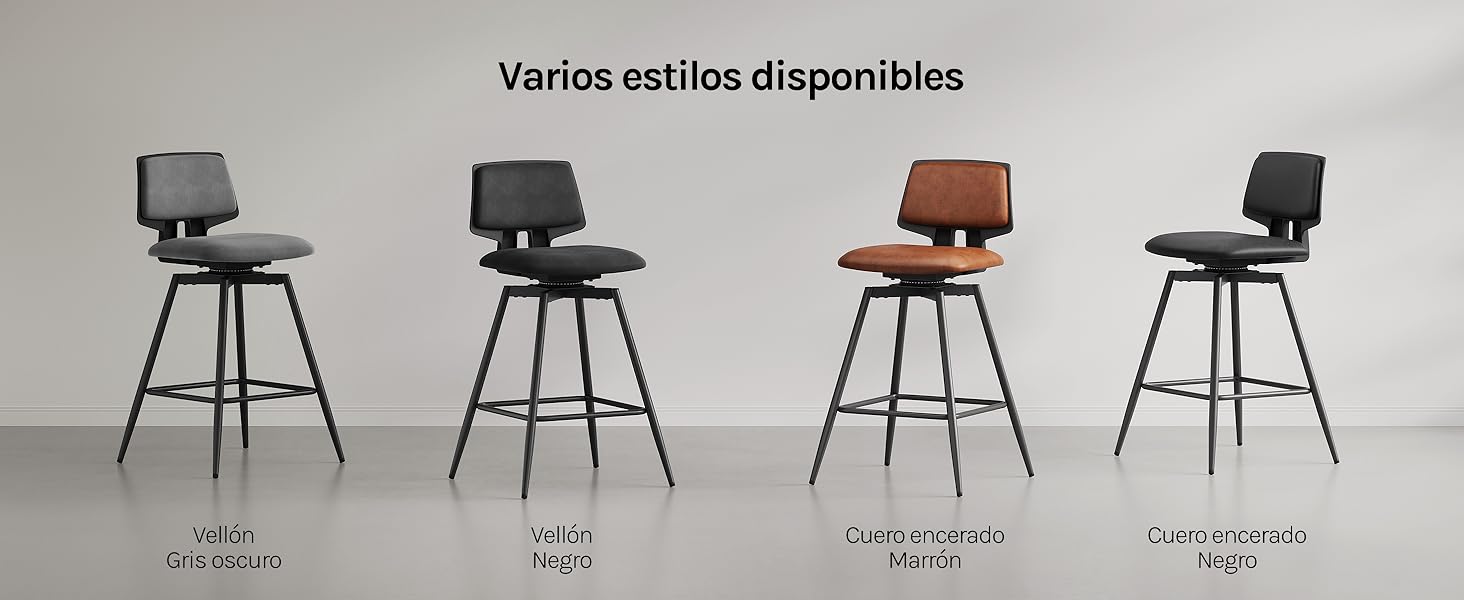 El texto dice «Varios estilos disponibles». La colección de taburetes de bar modernos se muestra en diferentes colores, incluidas las variaciones de negro, marrón y gris.