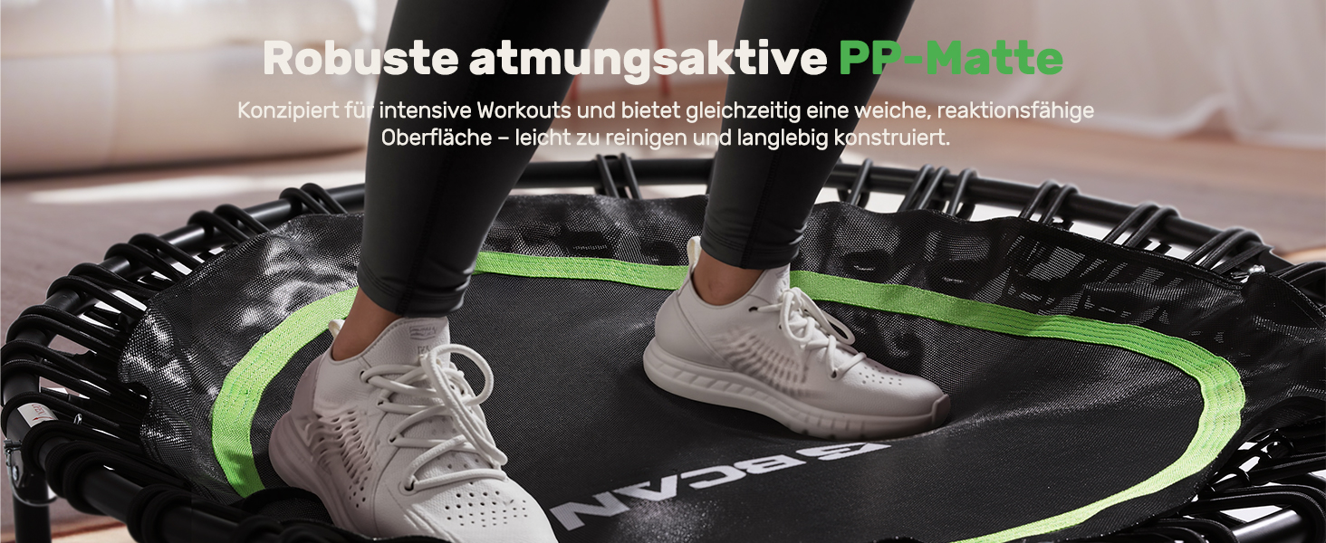 Der Text lautet „Bild 3“ und „Robuste atmungsaktive Matte“. Eine dunkle Gymnastik- oder Fitnessmatte, die in verschiedenen Winkeln mit grünen Akzenten dargestellt wird.