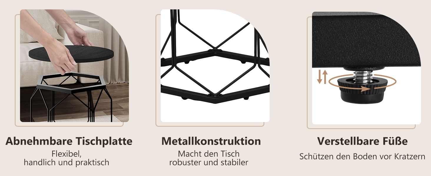 Dreiteiliges Bild eines runden Tisches: abnehmbare Tischplatte, Metallrahmenkonstruktion und verstellbare Füße. Der deutsche Text beschreibt Funktionen. Der Tisch scheint auf Stabilität und Bodenschutz ausgelegt zu sein.